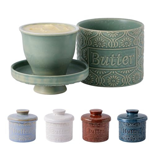 AMIEENOR Beurrier à l'eau en Céramique - Beurrier de Style Français avec Motif en Relief Vintage, Garde le Beurre Mou et Frais sans Réfrigération, Décoration de Cuisine Rustique, 150g, Vert