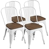 Yaheetech 18 Inch Classic Iron Metal Dining Chair with Wood Top/Seat Indoor-Outdoor Use Chic Bistro Cafe Side Barstool Bar Chair Distressed White, Set of 4