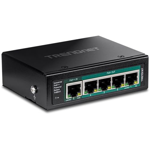 Image of TRENDnet 5-Port Industrial Gigabit PoE++ Powered DIN-Rail Switch with PoE Pass-Through, TI-B541, Ethernet Splitter, 65W Power Budget, NDAA & TAA Compliant, Lifetime Protection, Black