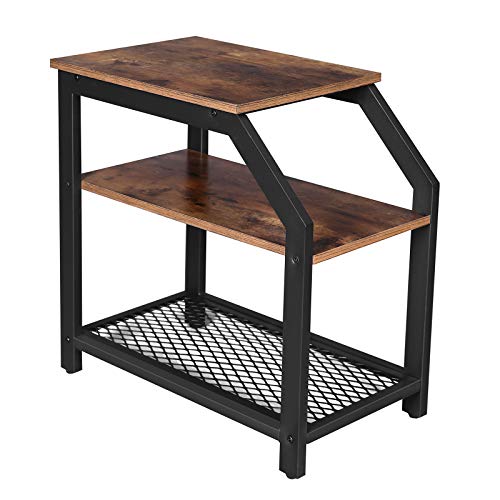VASAGLE Mesa Auxiliar de Estilo Industrial, Mesita de Noche con Estantes de Malla Metálica, para Salón, Dormitorio, Montaje Sencillo, Robusta, Marrón Rústico LNT58BX