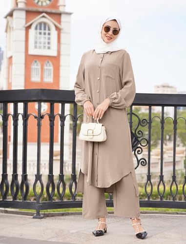Elegant Khaki Plus Size Muslim Dress Set - ODIZLI 2-Piece Kaftan Abaya with Pants for Eid and Everyday Wear - Image 8