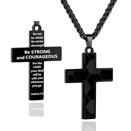 Soccer Baseball Basketball Football Cross Necklace for Boys Men, Inspirational Bible Verse Cross Pendant Black Stainless Steel Chain Chain 22+2 inch Religious Sports Jewelry Gift