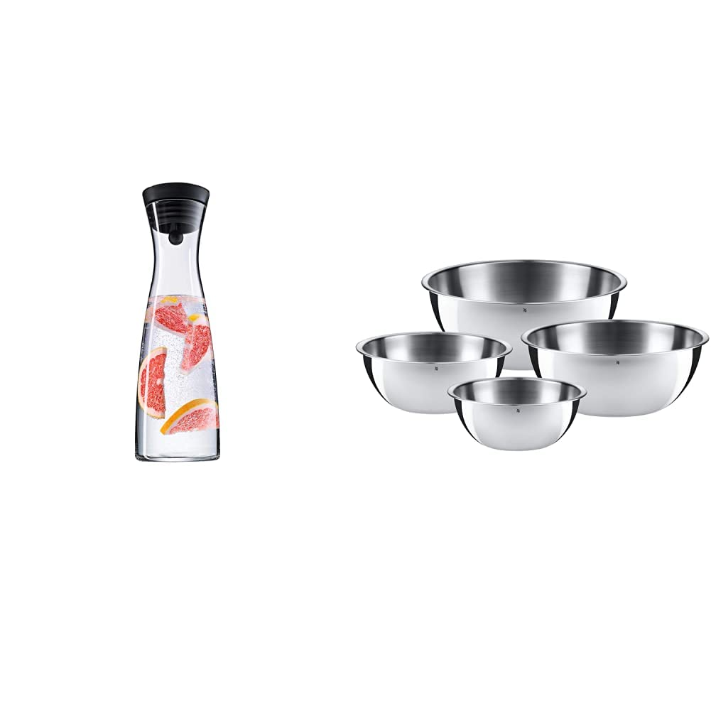 WMF Basic Wasserkaraffe 1,5 liter, Glaskaraffe mit Deckel, Silikondeckel, CloseUp-Verschluss & Gourmet Schüsselset 4-teilig, Edelstahl Schüsseln für die Küche 0,75l - 2,75l, Rührschüssel