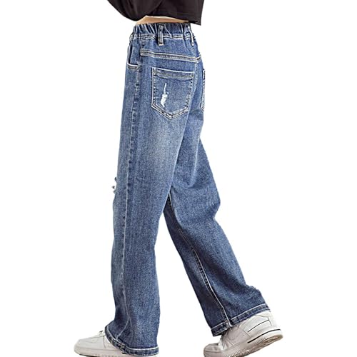 Kids Girls Casual Ripped Washed Jeans Denim Pants Wide Leg Loose Straight Baggy Trousers Distressed Bottoms3