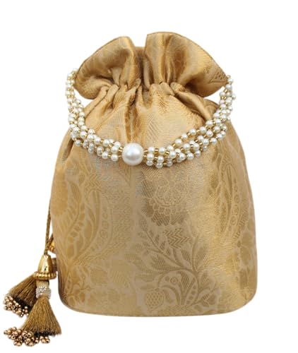 Image of MILAN'S CREATION Banarasi Silk Brocade Potli Bag Purse With Base Drawstring Women's handbag with Pearl Handle & Tassel Weddings