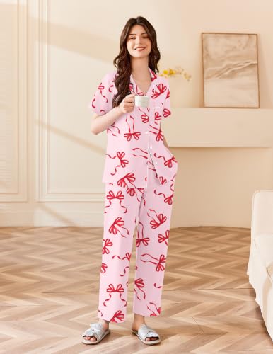 Image of Ekouaer Women's Cotton Pajamas Set Short Sleeve Button Down Pjs with Pants
