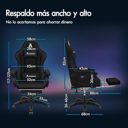 ALFORDSON Silla Gaming, Asiento Gaming con Soporte Lumbar de Masaje, Sillón Giratorio Ergonómico con Reposacabezas, Altura Regulable, Tela de Lino, Negro - imagen 2