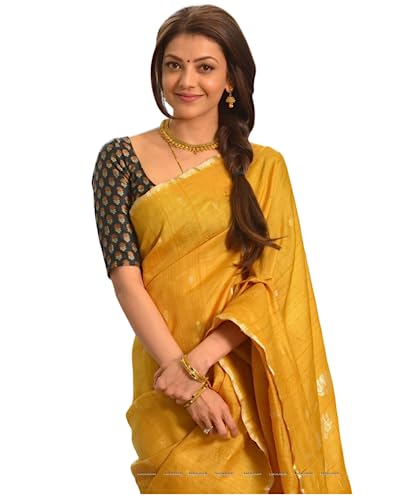 Image of SGF11 Women's Kanjivaram Soft Cotton Linen Silk Saree With Blouse Piece (Kajal Yellow)