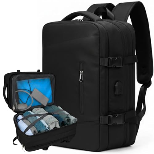 Mochila de Viagem, Mochila Feminina, Mochila Masculina, Mala de Mão10kg, Notebook, Reforçada, Grande, Resistente, Impermeável, Expansível, Escola, Trabalho, Preta, (Preta)