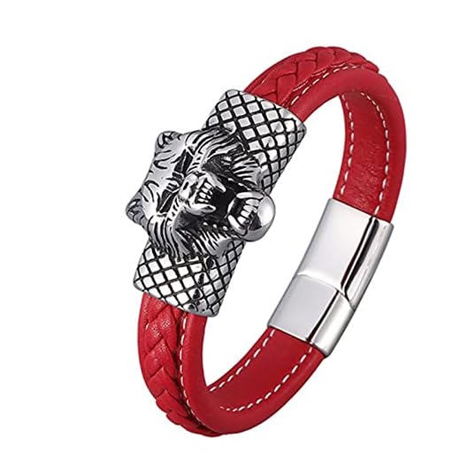 Aotiwe Pulsera Hombre Acero Inoxidable Personalizada, Regalo Hombre Cumpleaños Brazalete de Cuero con Cabeza de Lobo Acero Rojo 20.5cm
