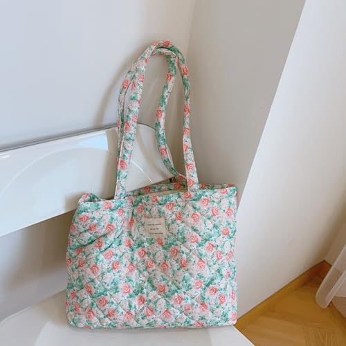Image of Floral Quilted Cotton Shoulder Bag for Women Daily Use Medium Size Handbag Large Capacity Thickened Design Tote