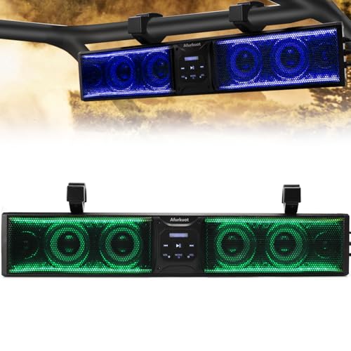 Afurkuot UTV Sound Bar Waterproof Bluetooth Music Sync Multicolor, 26-Inch Golf Car Sound Bar with 6-Speaker Back Light Strip, ATV Soundbar for UTV ATV Golf Cart w/1.75”-2.25” Roll Bar