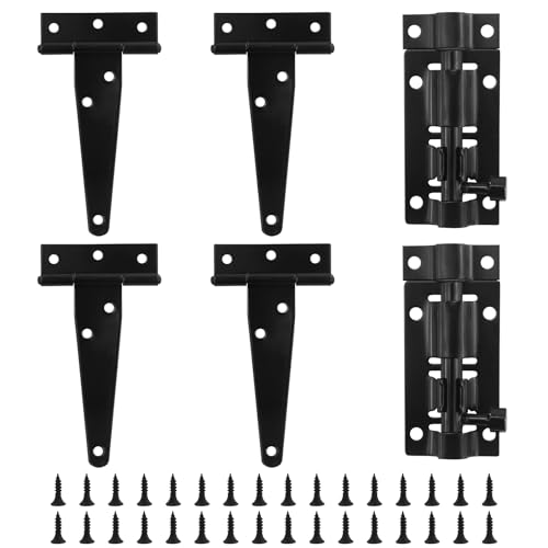 Lot de 4 charnières de porte en T robustes en forme de T avec 2 poignées de porte et vis assorties, charnières en T en métal pour porte, fenêtre, clôture (noir)