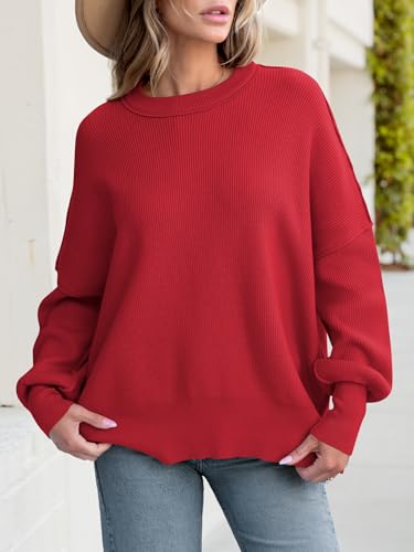 Image of ANRABESS Women Oversized Sweaters Batwing Long Sleeve 2026 Fall Outfits Crewneck Casual Knit Side Slit Fashion Pullover Top