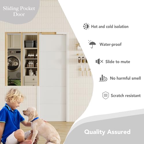 Image of 30 inch x 80 inch Pocket Door with Frame & Track Kit, 5-Panel Textured Sliding Interior Pocket Door, Soft Close Hardware, Lightweight Waterproof PVC Pocket Doors