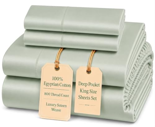 Image of King Bed Sheets, 800 Thread Count Deep Pocket King Sheet Set - Mineral | 15 inch Deep Pocket, Sateen Weave, Long Staple Egyptian Cotton Sheet & Pillowcase sets, Silky Soft & Breathable Cotton Bedding