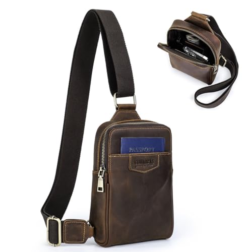 Homme Petit Sac à Bandoulière Épaule, Crossbody Sac de Poitrine en Cuir Véritable, Sac à Dos Sling Léger à Fermeture éclair avec Fentes pour Cartes & Réglable Bandoulière pour Voyage Sport