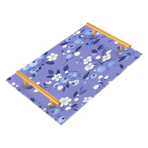 BOESI Doodle Blueberry and White Flower Tray, Tray with Handles, Countertop Organizer, Decorative
