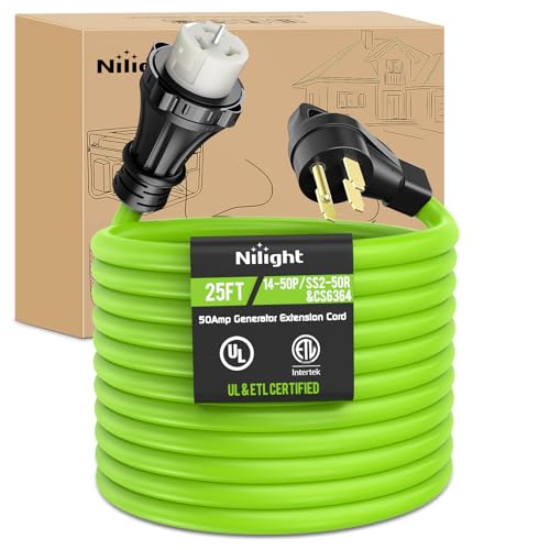 Image of Nilight 25FT 50 Amp Generator Extension Cord 250V Heavy Duty 6 /3+8 /1 Gauge Pure Copper STW Wire ETL Listed 4 Prong 14-50P SS2-50R&CS6364 Suit for RV Camper Outdoor Use Bright Green