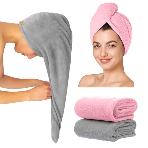 MAXOSHINE Hair Towel Wrap for Women-Quick Drying Microfiber Towel for Hair with Elastic Loop for Tying-Super Absorbent Head Towels Wrap for Ladies Hair Turban (Pack of 2-Grey & Pink)