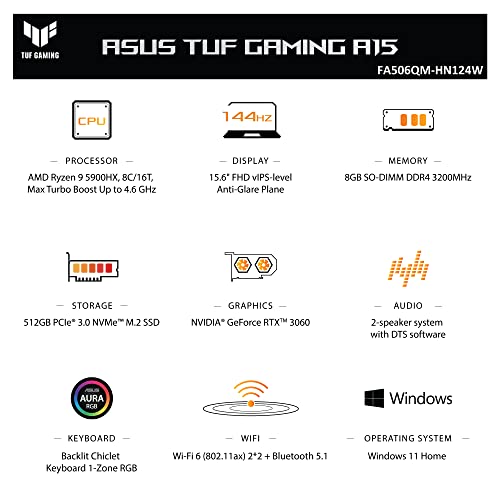 Image of ASUS Tuf Gaming A15,15.6 inch (39.62 Cm) Fhd 144Hz,AMD Ryzen 9 5900Hx,6Gb RTX 3060,Gaming Laptop,Fa506Qm-Hn124W Mw203 Wireless Silent Mouse (Blue),Windows 11 Home