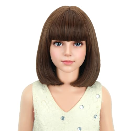 Image of PATTNIUM Kids Short Brown Bob Wig Child Girls Chocolate Brown Bob wig with Bangs Cosplay Party Synthetic Wig Rose Net Daily Wear Wig