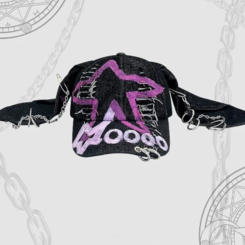 Image of Y2k Hat Punk Hats Denim Bunny Hat Chains Distressed Baseball Cap Kpop Outfits Y2k Grunge Hats for Women