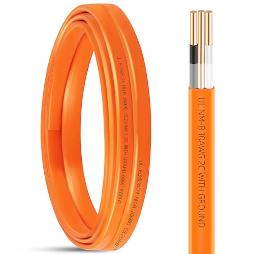 10ft NM-B 10/2 Wire with Ground 10/2 Electrical Wire 10 Gauge 2 Conductors Non-Metallic Sheathed NMB Cable 10-2 10 AWG Copper NM-B with Ground Residential Solid Indoor Copper Wiring for Outlet Switch