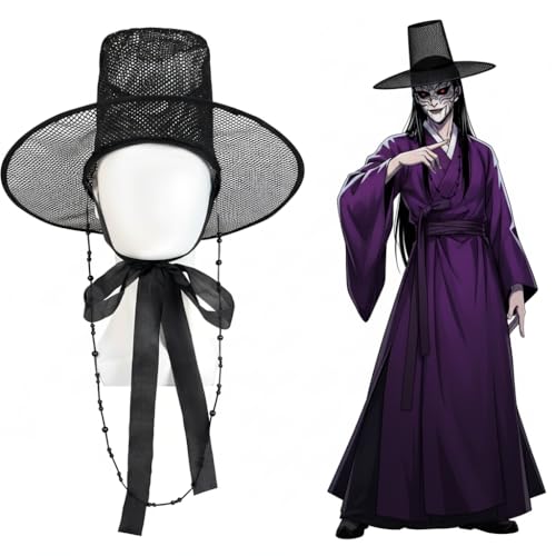 Korean Gat Hat Cosplay Accessory – Traditional Joseon Dynasty Black Mesh Hat with Beaded Chains & Ribbon | Kpop Idol Style Costume Hat for Men, Halloween Party & Stage Performance