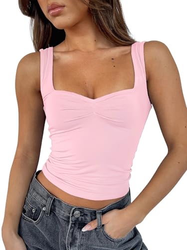 ROFUSSO sommar kvinnor Y2K ärmlös crop tank topp basic cami top backless spagettiremmar topp sexig veckad bustier sweetheart urringning väst toppar, ROSA, S