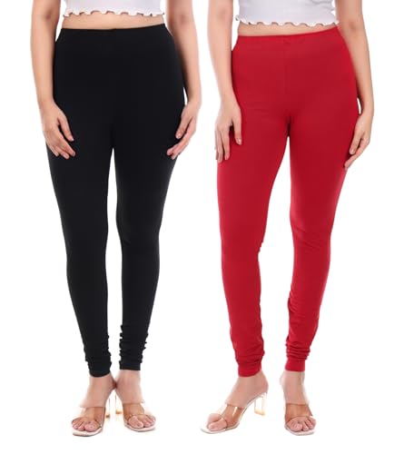 Image of TPF Women Solid Cotton Lycra 4 Way Stretchable Leggings | Combo Pack of 2 Comfortable Churidar-Length Slim Fit Leggings for Women & Girls