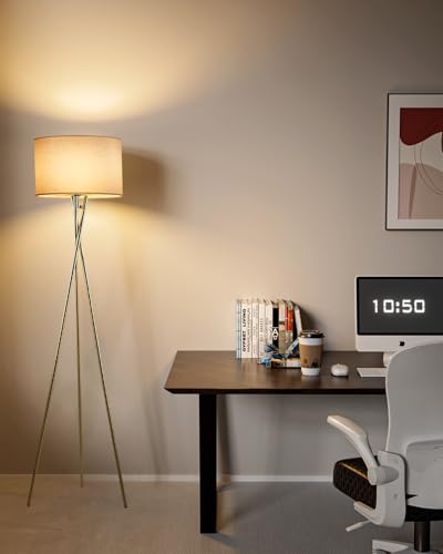 Image of Lightdot 62IN Tripod Floor Lamps for Living Room, Modern Standing Lamp with Off-White Fabric Shade, Mid Century Industrial Standing Tall Lamp for Bedroom, Home Office-Gold