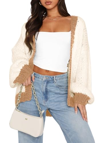 Image of Women's 2025 Fall Long Sleeve Cable Knit Sweater Color Block Open Front Cardigan Chunky Loose Outerwear Coats