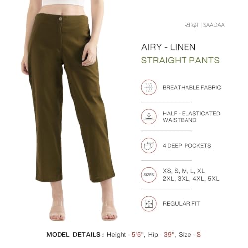 Image of SAADAA Women's Airy Linen Straight Pants | Regular Fit Trousers | Half Elasticated with Drawstrings & Buttons | 4 Pockets | Everyday & Office Wear