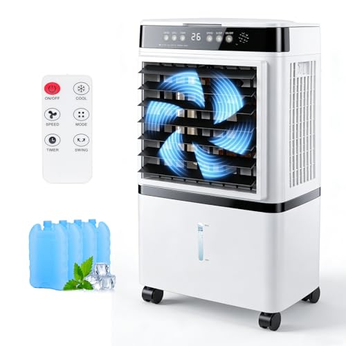 Tragbare Klimaanlage, Verdunstungsluftkühler mit Fernbedienung, 3 Modi, 3 Geschwindigkeiten, 4 Gallonen Wassertank, 4 Kühlakkus, 120°Oszillation, 12H Timer, 8.500 BTU für Räume bis zu 250 Sq.Ft