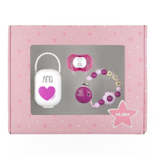 Mi Pipo – Set Chupete Bebe Personalizado + Chupetero Personalizado + Portachupetes My Baby | Pack Regalo Para Bebes Recien Nacidos, +6 Meses, Libre de BPA, Suave, Cómodo, Seguro | Flor Rosa y Fucsia