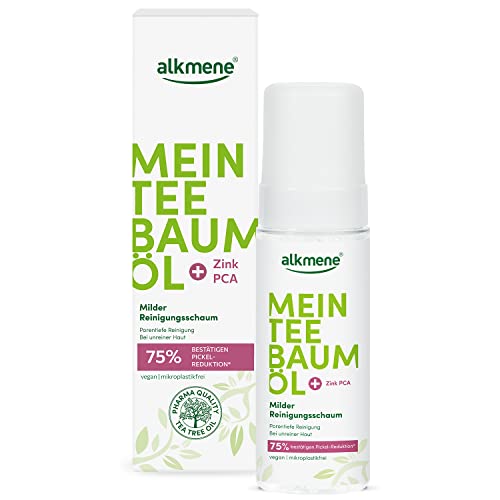alkmene Mi aceite de árbol de té para la cara, 150 ml, reducción de espinillas, 75 % confirmada, aceite de árbol de té natural, vegano y respetuoso con el medio ambiente, espuma de limpieza facial