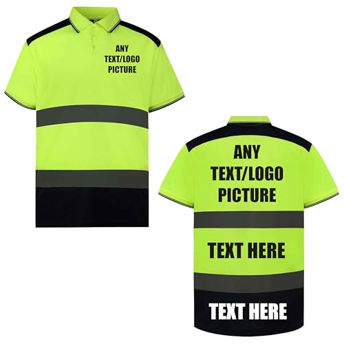 Image of Brook Hi Vis Yoko Premium Two-Tone Hi Vis Custom Polo Shirt - High Vis Workwear with Soft Breathable Polyester Fabric - Hi Viz Polo Shirt Personalised Work Wear for Men and Women (Yellow/Navy, L)