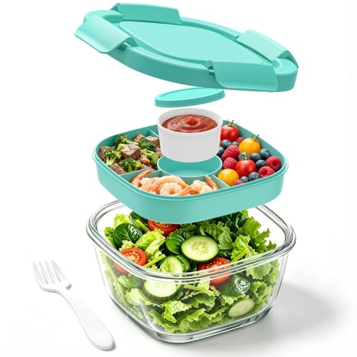 Glass Salad Container 56oz Salad Bowl To Go for Lunch with Airtight Lid Leak-Proof Sauce Container 4-Compartment Bento Tray & Reusable Fork - BPA-Free Glass Lunch Box for Meal Prep OfficeGreen