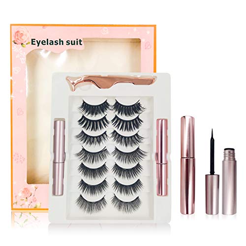Upgraded Magnetic Eyelashes with Eyeliner Kit and Tweezer, 7 Pairs of Different styles Reusable Natural 3D False lashes, Best Magnetic Eyeliner, comes With 2 Tubes of Magnetic Eyeliner, No Glue Need