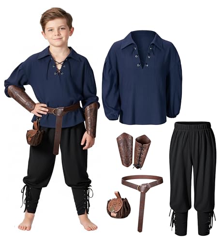 Image of Kids Medieval Viking Pirate Renaissance Tunic Pants Accessories Costume for Boys Cosplay 3-14 Years