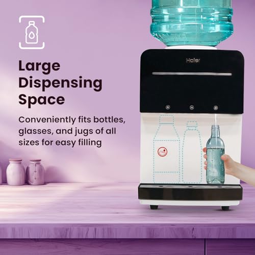 Image of Haier Pro Series Table Top Hot Normal & Cold Water Dispenser | Black & White Colour | Top Push Button Operation with Large Dispensing Space | Heating Capacity 5 Ltrs Per Hour
