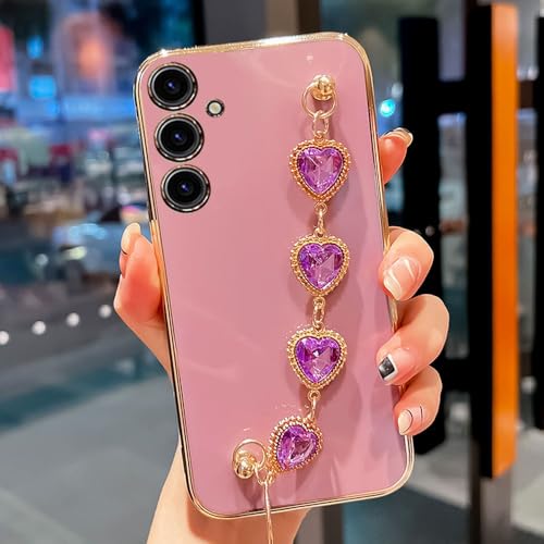 Coque Samsung A15 violette étui silicone chaîne bracelet diamant de luxe