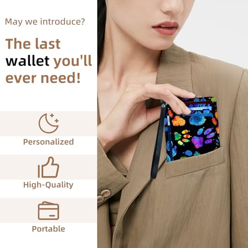 Credit Holder Slim Wallet, PU Leather RFID Blocking, Women & Men Front Pocket Small Card Holder, Credit Card Wallet with Wristlet, Convenient Travel Business, Colorful Paw4