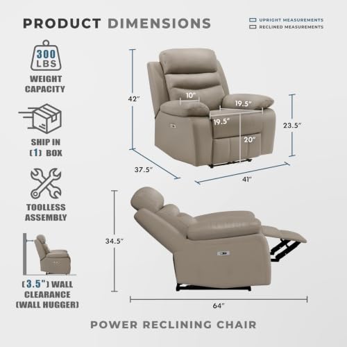Image of Lexicon 41 inch Leather Match Power Recliner Chair, Wall Hugger Recliner, Latte