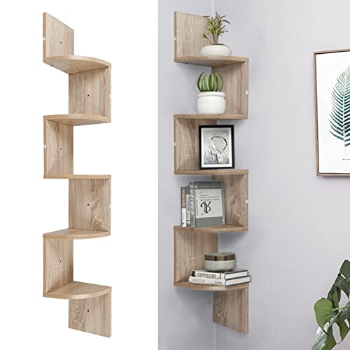 MINGYI Etagère d'angle à 5 Niveaux, Murale,en Bois MDF, Bibliothèque Suspendue, en Forme Zigzag, env. 20×20×123 cm (Chêne)