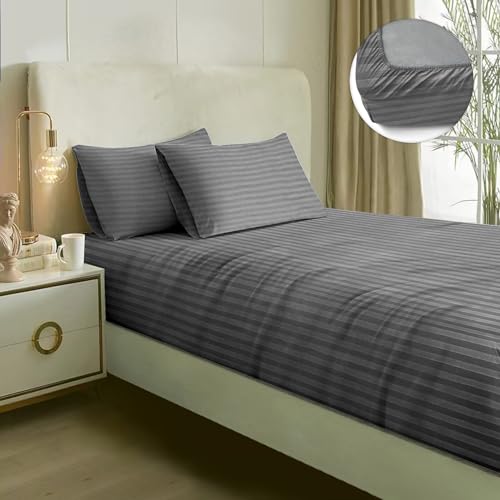 Image of Naksh Japandi Vibes Collection Elastic Fitted Bedsheets King Size 78 x 72 Inch, 210 TC Stripes Pure Cotton, Grey | 1 King Size Bedsheet with Elastic Fitted and 2 Pillow Covers