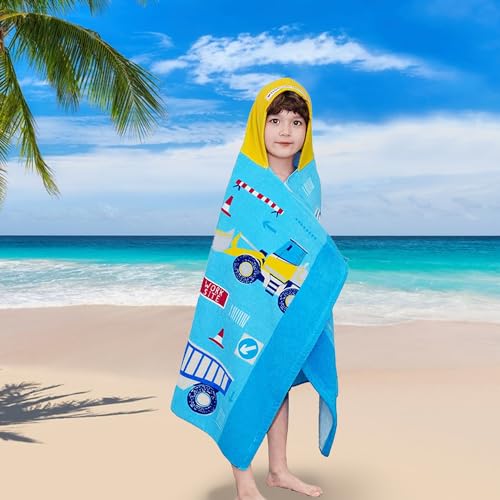 VOOVA & MOVAS Kids Towels Age 3-10, 30''X50, Soft | Thick | 100% Cotton, Large Absorbent Beach, Bath, Pool, Swim Towels | Cover up for Boys | Excavator Vehicle
