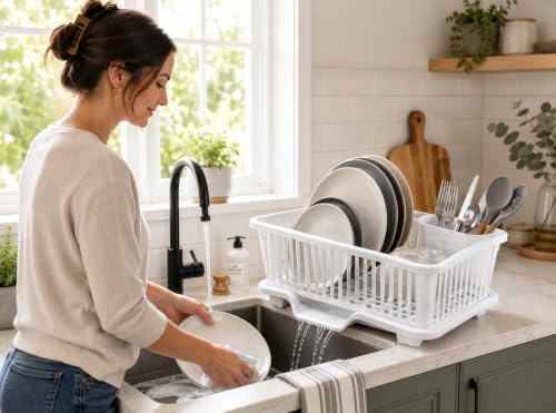Image of Heavy Duty 2-Piece Plastic Dish Drying Rack Set in White - Includes Large Dish Drainer, Attached Drainboard, and Utensil Cup Holders for Home Kitchen Countertop Organization