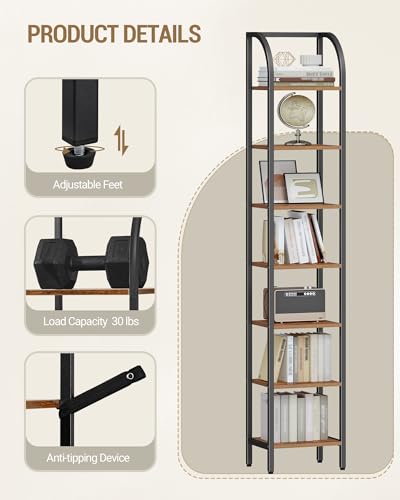 Hzuaneri Bookshelf Narrow Bookcase, Tall Storage Rack with Steel Frame, Display Standing Shelf Unit, Skinny Book Shelf for Study Living Room, Home Office, Industrial, 7-Tier Rustic Brown BC57701B - Thumbnail 7